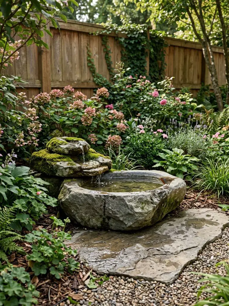 A natural stone bird bath carved into a low basin with a layered water spill feature, set in a lush garden corner with modern rustic styling.
