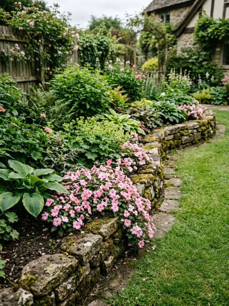 A charming backyard flower bed edged with natural stacked stone, designed in a cozy cottage garden style.