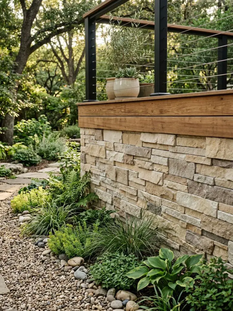 A modern rustic outdoor deck featuring natural stone-inspired skirting panels that bring earthy texture to the design.
