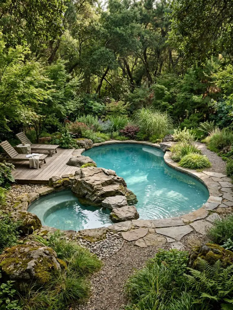 A natural lagoon-style small backyard pool blending into a woodland-inspired setting, featuring an organically shaped pool edged with large.