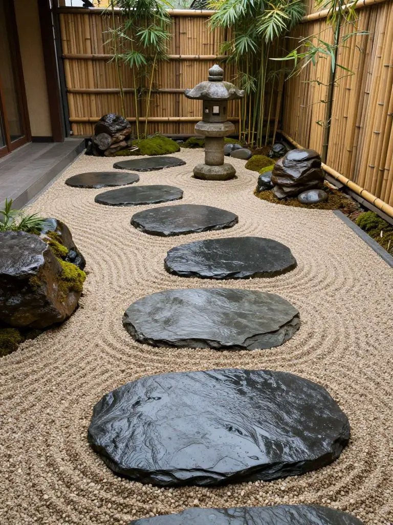 A small Japanese garden with a natural stone pathway set within a bamboo-enclosed courtyard, designed in a rustic Zen style.