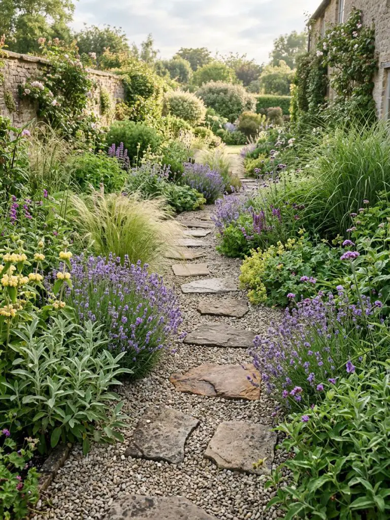 A naturalistic garden flower bed featuring a stone pathway with irregular stepping stones set within gravel, surrounded by lush, layered pla.