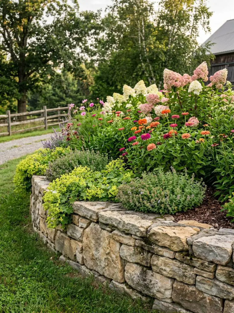 A lush garden bed supported by a natural stone retaining wall, designed in farmhouse rustic style with layered planting.