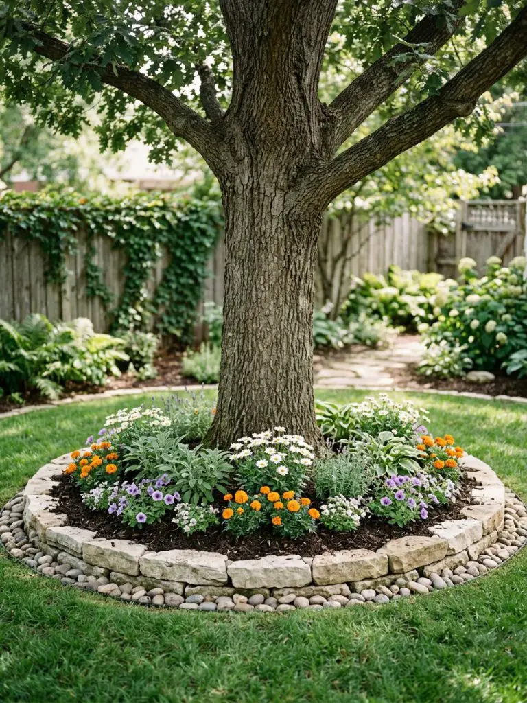 A cozy backyard scene featuring a large tree surrounded by a circular flower bed bordered with stacked natural stones in a warm minimalist a.