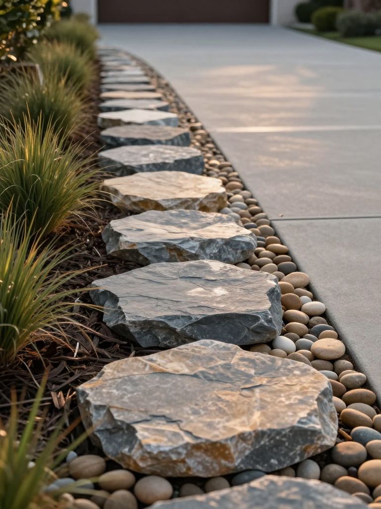 A driveway landscaping edging design featuring large natural stepping stones arranged in a flowing curve alongside a concrete driveway, styl.