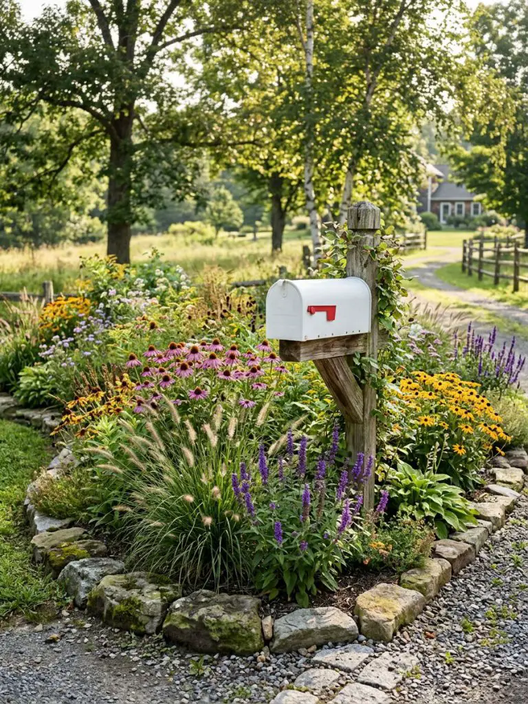 A naturalistic mailbox flower bed designed with wildflower-inspired planting.