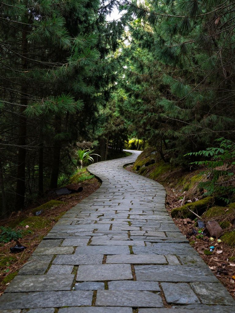 A natural woodland narrow driveway with an organic stone path winding through evergreen trees.