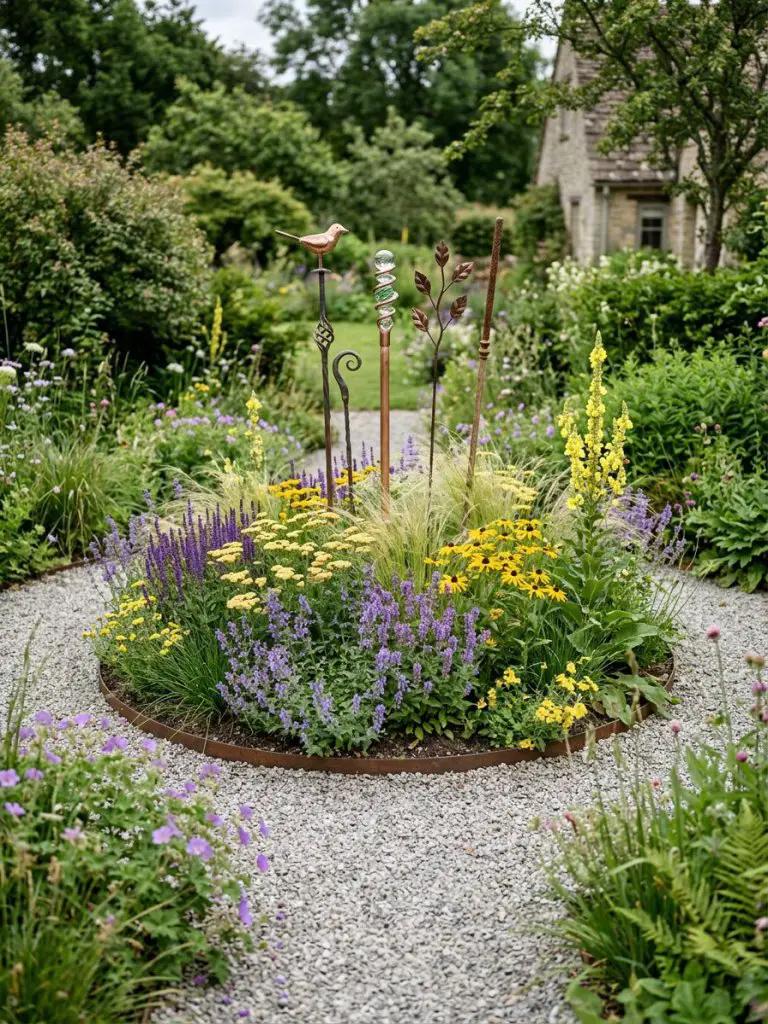 A naturalistic garden landscape featuring a circular planting bed surrounded by gravel paths and wildflower-style planting.