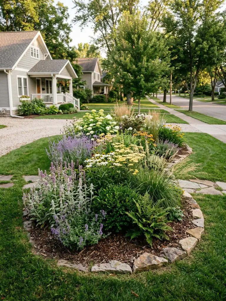 A naturalistic island flower bed in a suburban front yard, styled with soft perennial clusters in a Modern Rustic garden aesthetic.