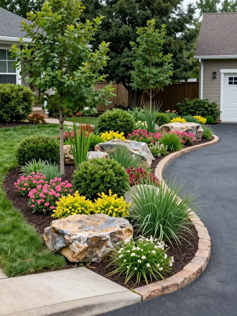 A suburban driveway island with a naturalistic layered planting design blending shrubs, grasses, and flowering plants.