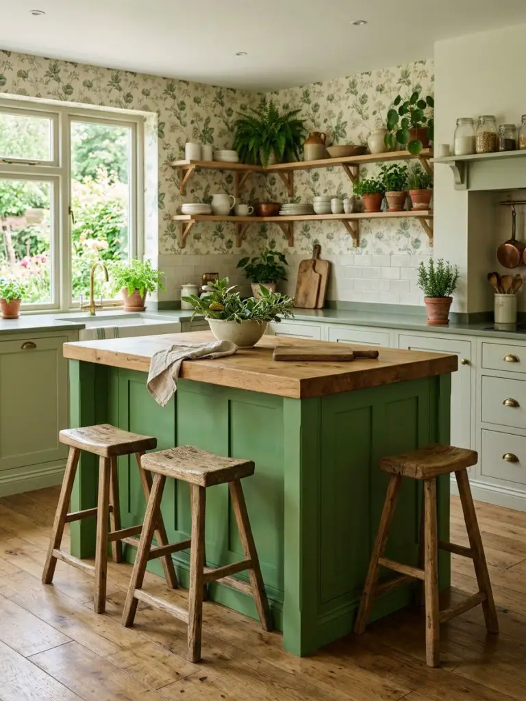 A nature-inspired kitchen featuring a green kitchen island with a butcher block countertop, positioned centrally as the hero element.