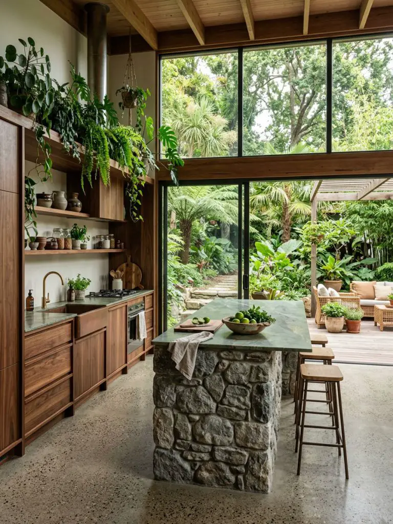 A nature-inspired open concept kitchen designed to blur the boundary between indoors and outdoors, featuring organic materials and lush gree.
