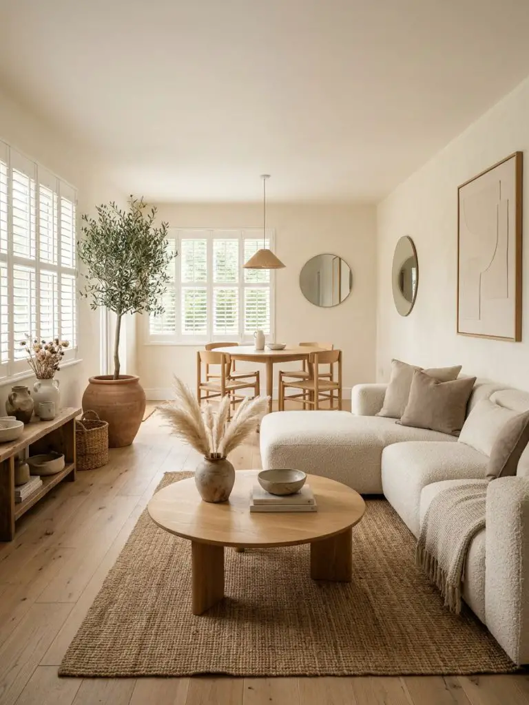 A neutral minimalist living room with dining area featuring soft textures and organic decor, styled in a warm minimalist aesthetic.