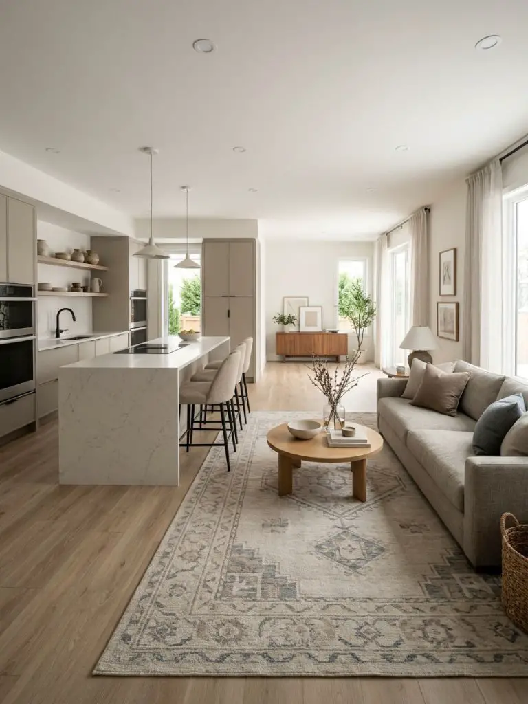 A neutral-toned open concept kitchen that flows effortlessly into the living room, designed in a contemporary warm minimalist style.