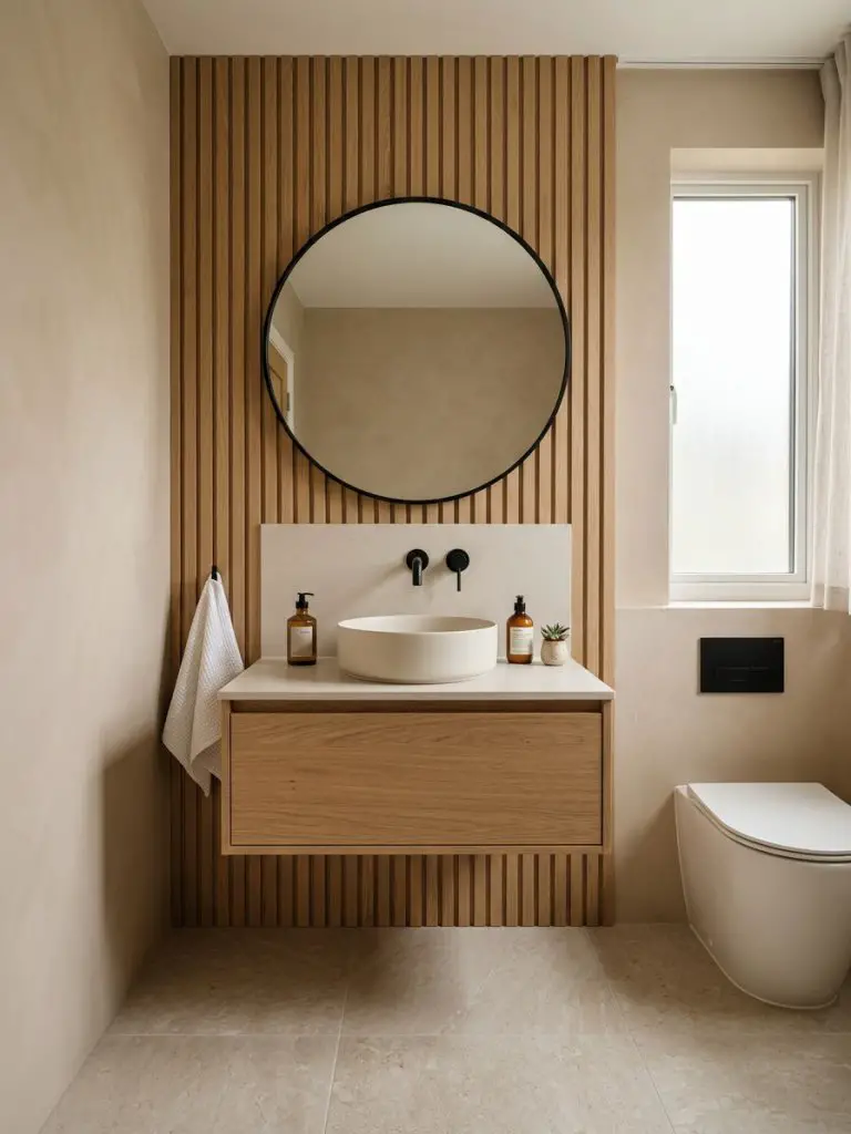 A neutral-toned minimalist small bathroom blending wood textures with soft stone finishes, featuring a floating vanity and rounded mirror.