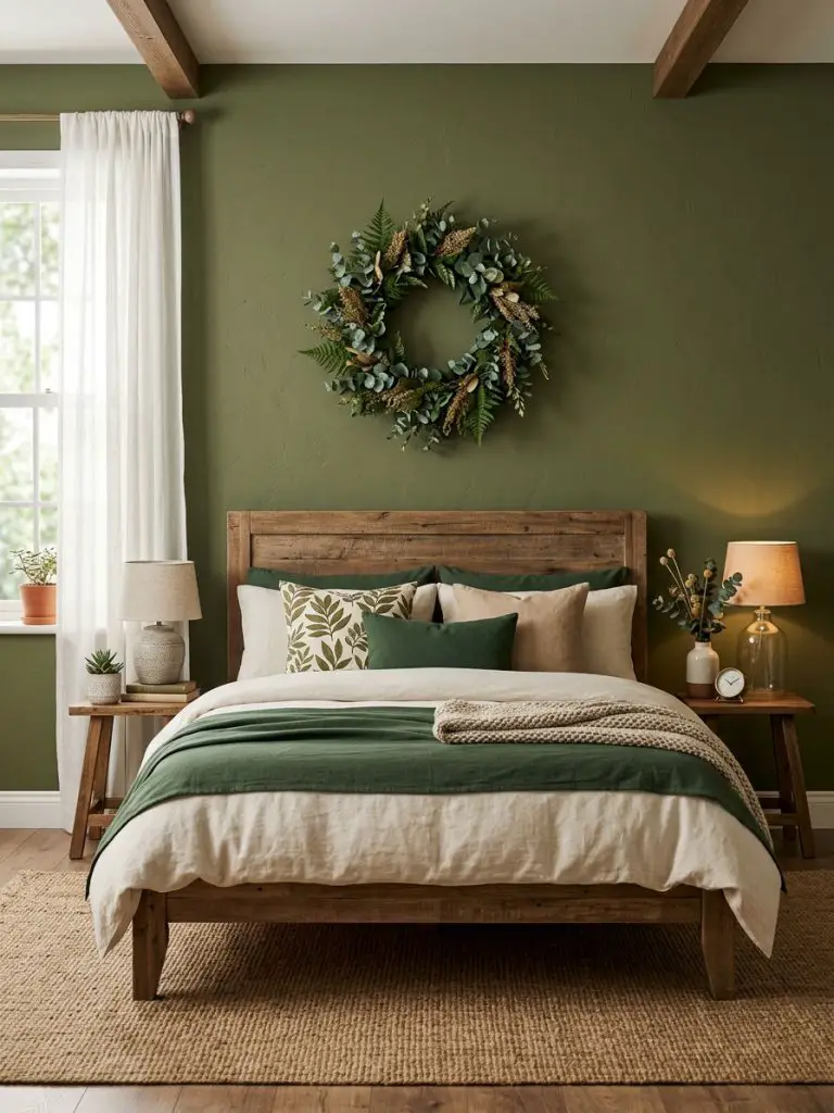 An earthy cozy bedroom with a rustic wooden bed set against an olive green painted wall, designed in Modern Rustic style.