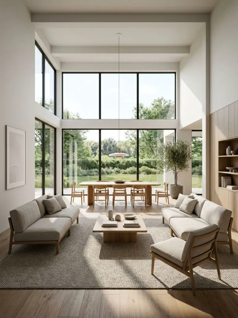 An open-concept minimalist living room with dining area and dramatic floor-to-ceiling windows, styled in a modern minimalist aesthetic.