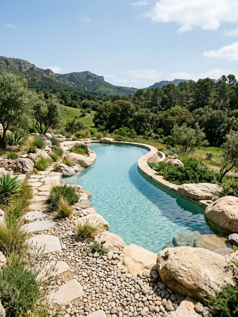 An organic freeform rock pool designed in a warm minimalist outdoor style with expansive natural surroundings.