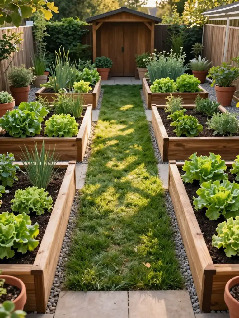 A structured backyard vegetable garden layout in a modern rustic style, featuring multiple raised wooden beds arranged symmetrically with na.
