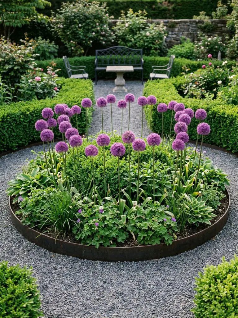 A dramatic circular flower bed featuring tall purple allium blooms rising above dense green foliage, designed in a formal yet lush garden st.