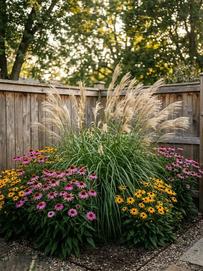 A lush ornamental grass corner bed designed in a naturalistic modern garden style, featuring tall fountain grasses with feathery beige plume.