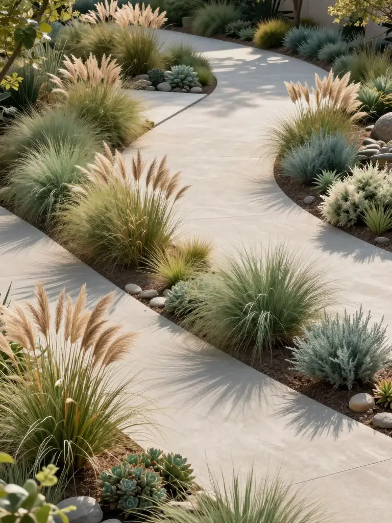 A beautifully landscaped sloped driveway lined with ornamental grasses and drought-tolerant plants, designed in a warm minimalist outdoor ae.