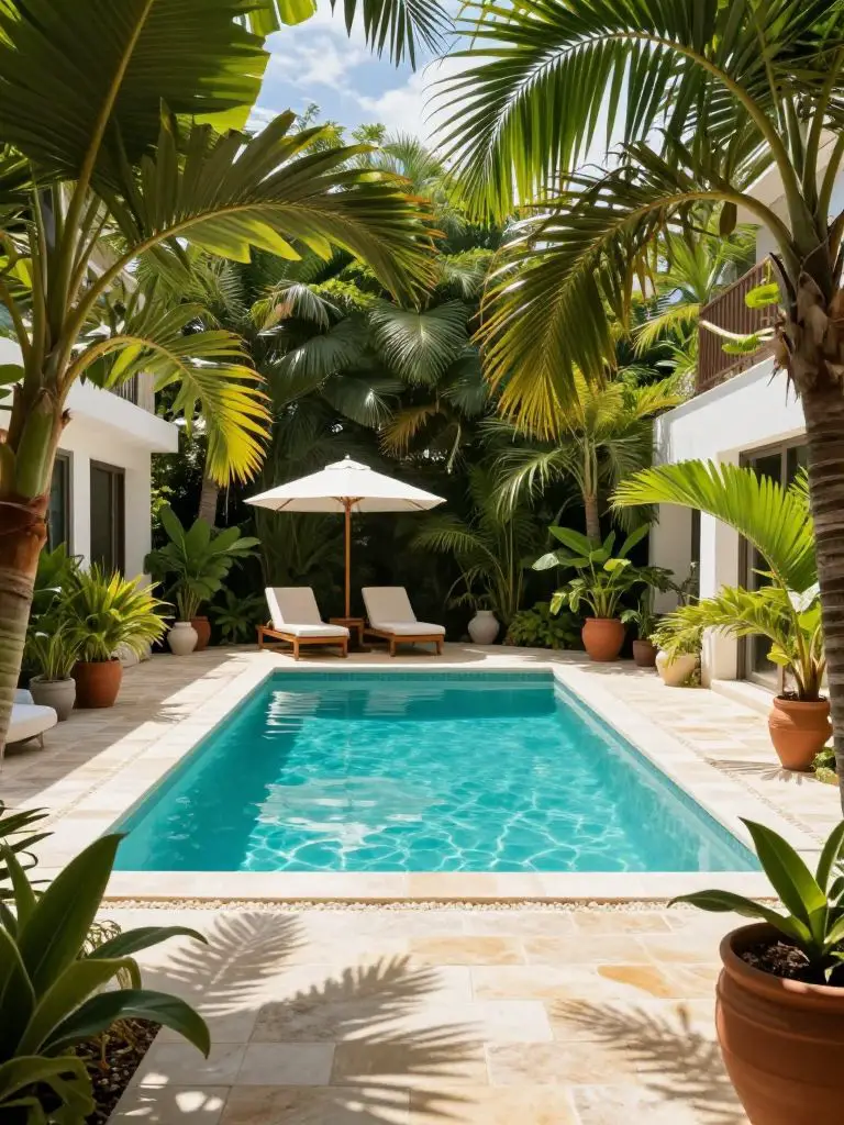 A tropical-inspired backyard pool framed by large palm leaves and lush greenery, creating a vibrant and secluded environment.