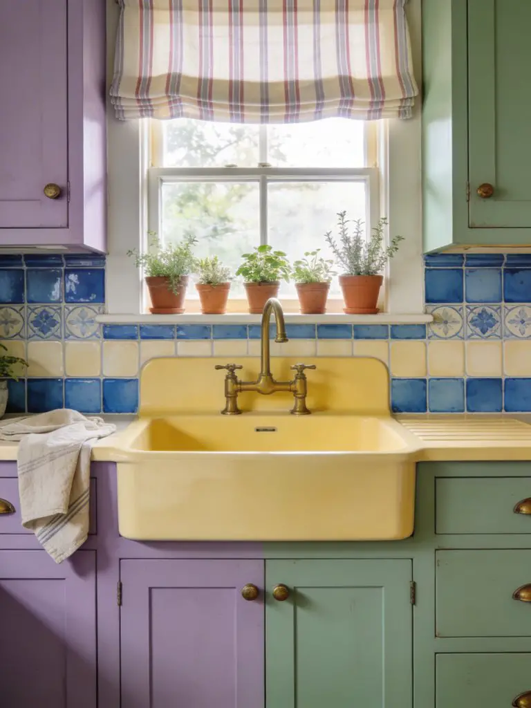 A charming colorful cottage kitchen vignette in a vintage-inspired Warm Minimalist style, centered around a butter-yellow farmhouse sink ben.