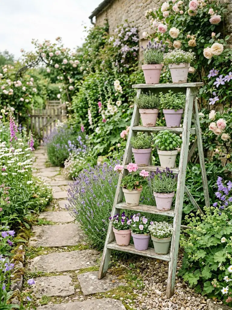 A pastel-toned cottage garden corner designed in shabby chic cottage style, featuring a wooden ladder shelf holding small pastel-painted pot.