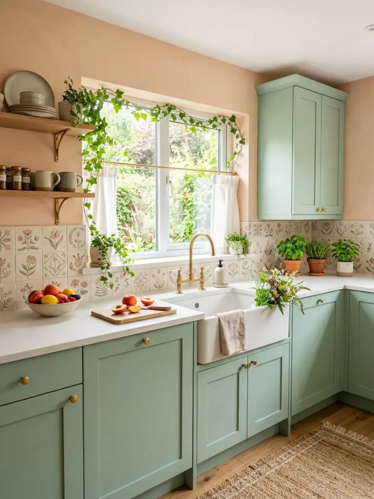 A soft boho kitchen with peach-toned walls and mint green cabinetry, combining Warm Minimalist and retro bohemian design.