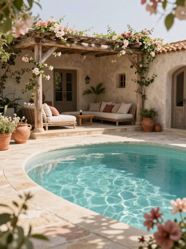 A Mediterranean backyard pool with a pergola lounge area in a Modern Rustic style, featuring a curved-edge pool surrounded by natural stone.