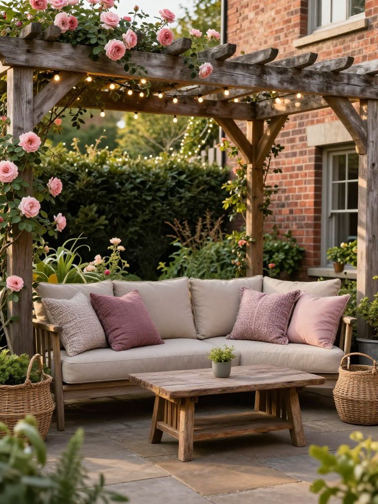 A relaxed English garden lounge under a wooden pergola adorned with string lights and climbing roses.