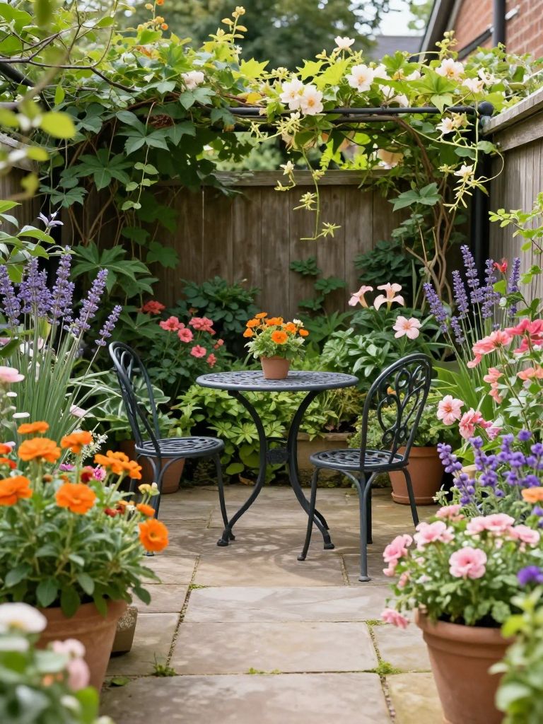 A petite English garden patio designed for intimate outdoor dining, featuring a wrought iron table and chairs surrounded by colorful flower.