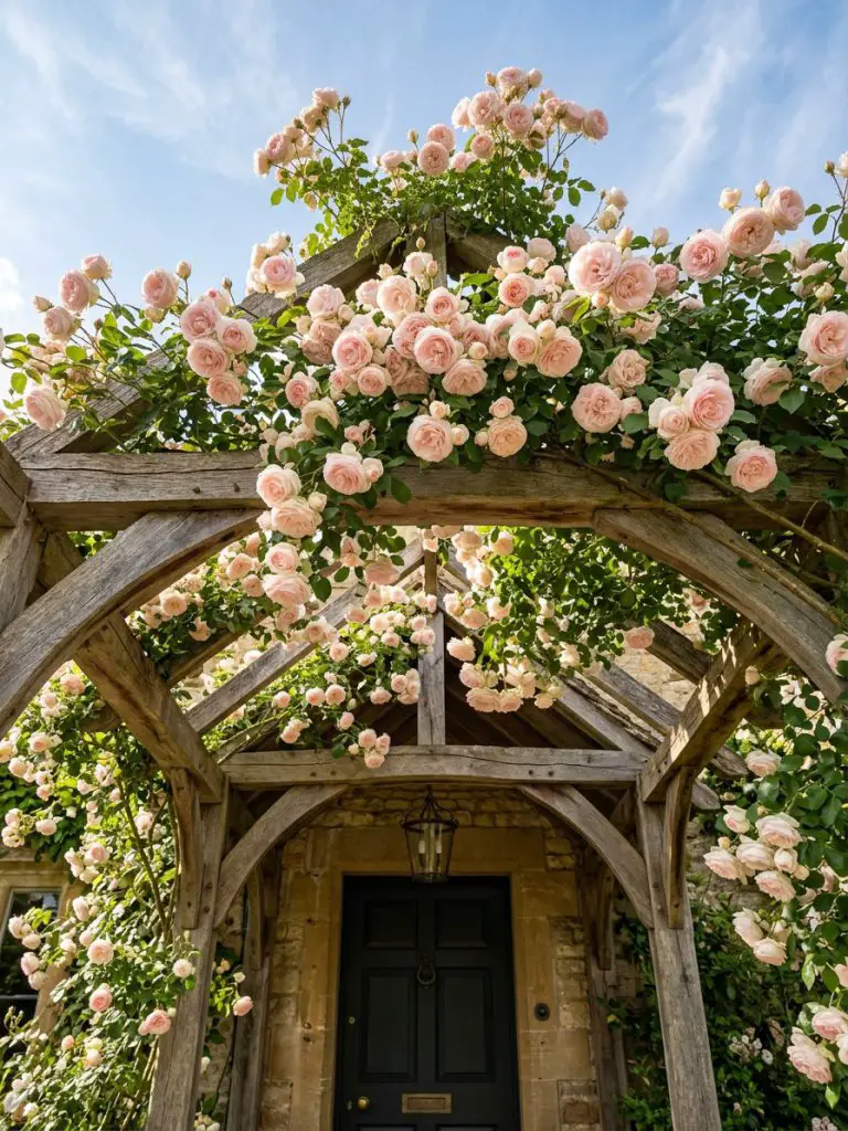 An elegant wooden pergola over a front door, dripping with heavy clusters of pale pink climbing roses.