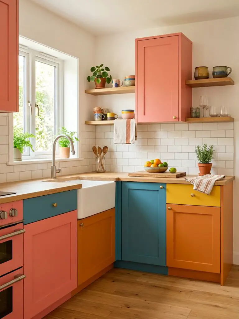 A compact colorful kitchen featuring playful color-blocked cabinetry in coral pink, teal blue, sunflower yellow, and warm orange, styled in.