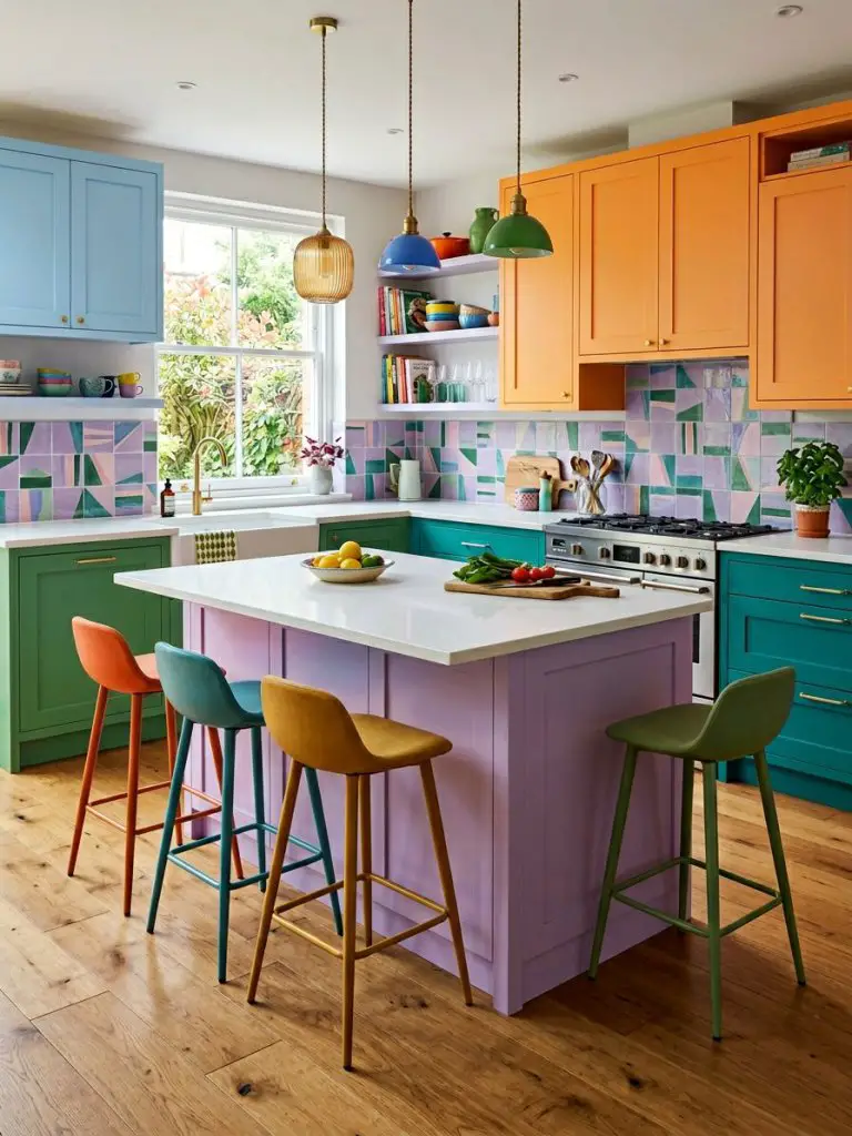 A modern eclectic kitchen featuring a colorful kitchen island in soft lavender with a matte finish, paired with vibrant orange, green, and t.