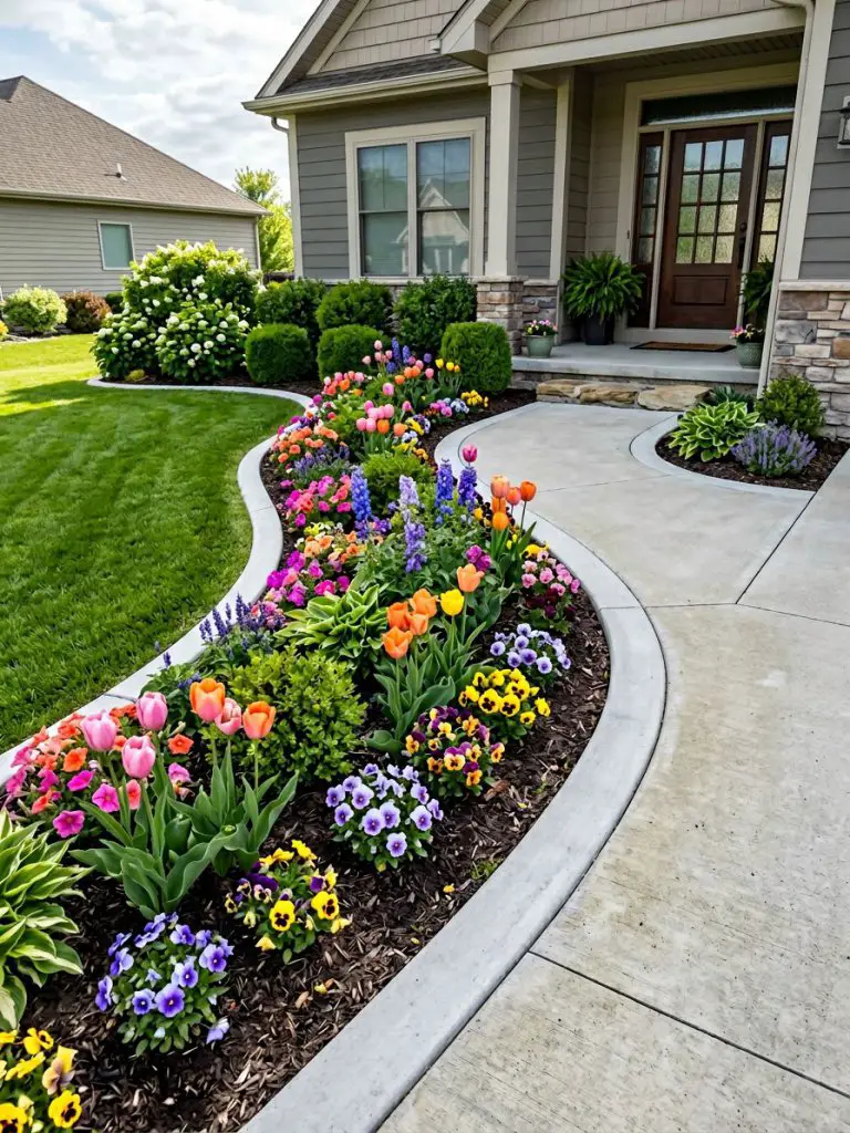 A polished front yard garden featuring smooth concrete edging framing a colorful flower bed along a curved walkway, designed in modern subur.
