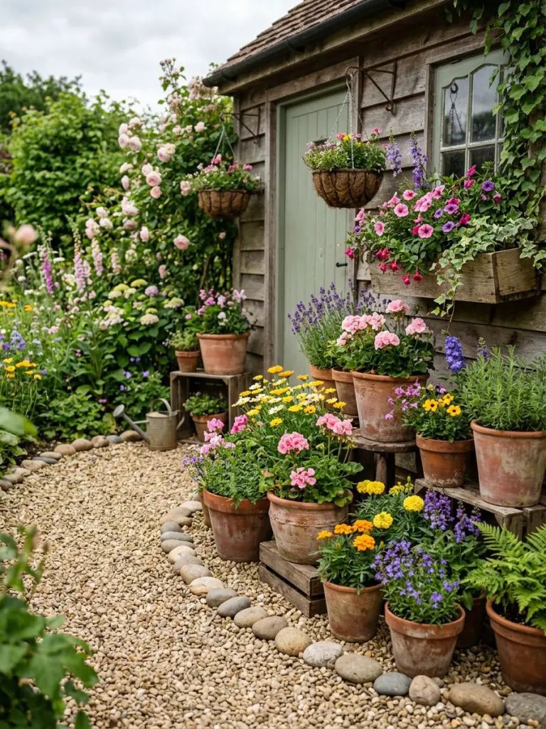 A quaint cottage garden corner designed in vintage rustic style, featuring an arrangement of terracotta pots filled with blooming flowers in.