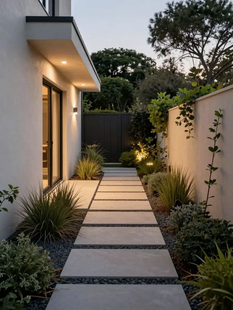 A private modern rustic side yard escape featuring a structured pathway lined with low shrubs, ornamental grasses, and subtle ground lightin.