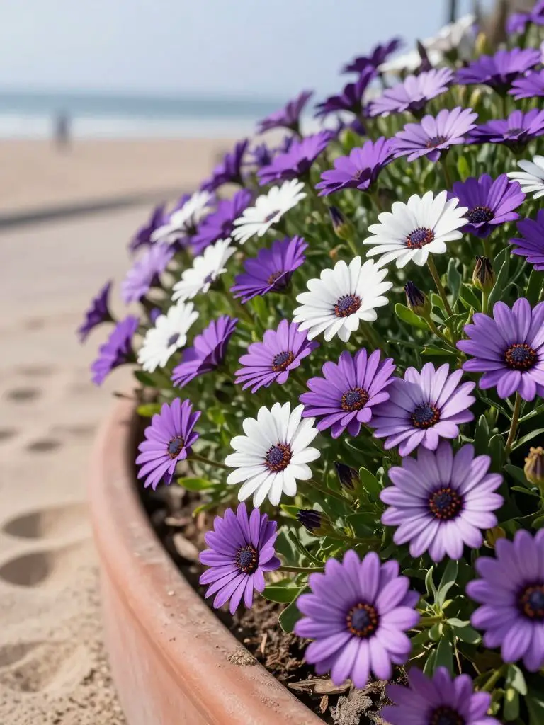 A vibrant spring flower bed featuring purple and white African Daisies (Osteospermum).