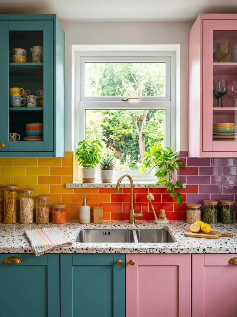 A vibrant kitchen with a rainbow-toned tile backsplash transitioning from yellow to red to purple, paired with teal and pink cabinetry.