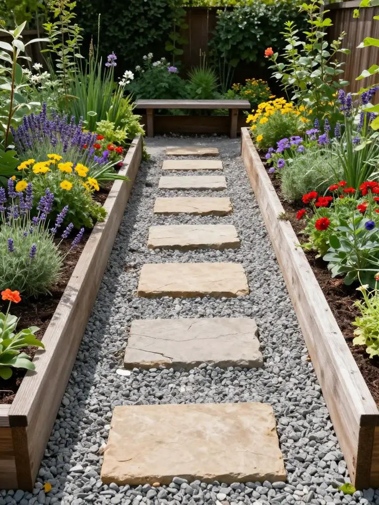 A functional raised bed side yard garden with a central stepping stone path made of irregular flat stones set into a bed of small gray grave.