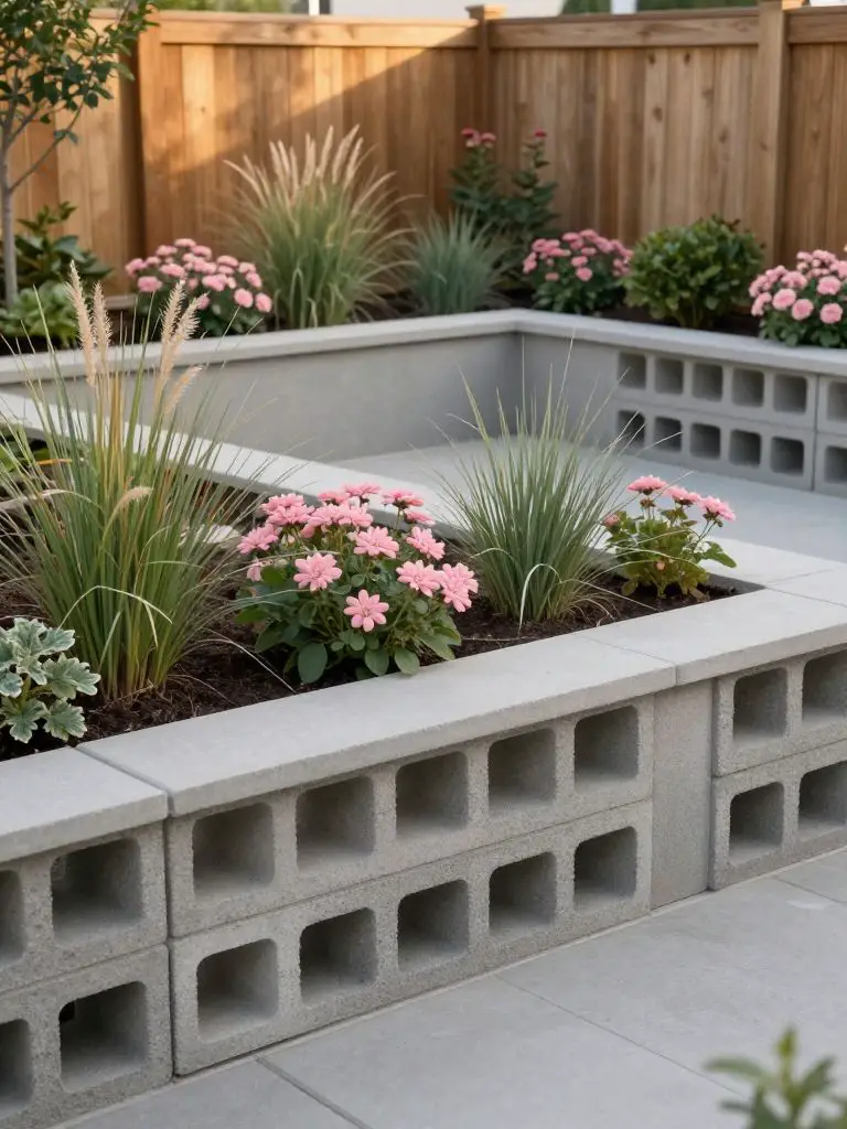 A structured raised garden bed edged with stacked concrete blocks, designed in a modern rustic backyard setting with organized planting sect.
