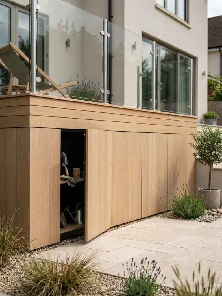 A raised deck design featuring integrated skirting with hidden storage panels in a modern minimalist style.