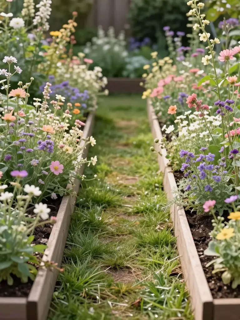 A charming raised garden bed pathway in a cottage-inspired flower bed style with a natural, slightly wild aesthetic.