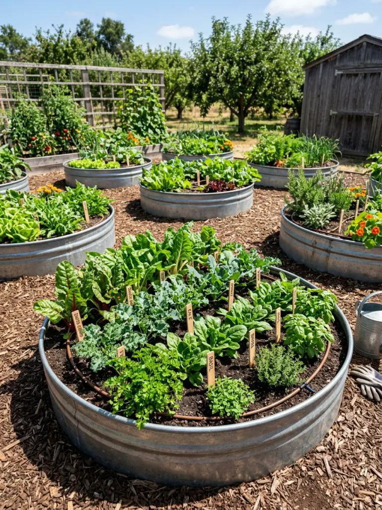 A functional kitchen garden featuring multiple raised circular metal beds arranged in an open outdoor space.