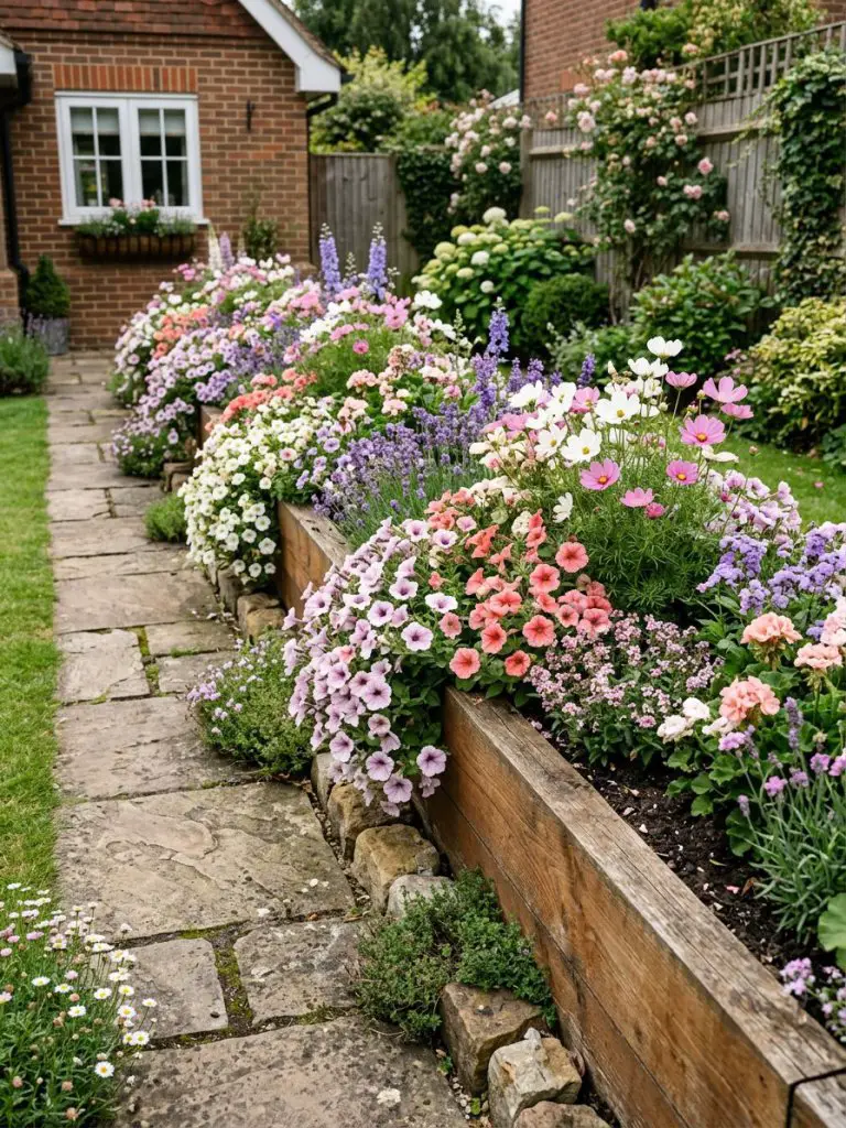 A raised narrow flower bed built with warm-toned wood and stone, overflowing with soft cottage-style blooms in a cozy suburban garden settin.