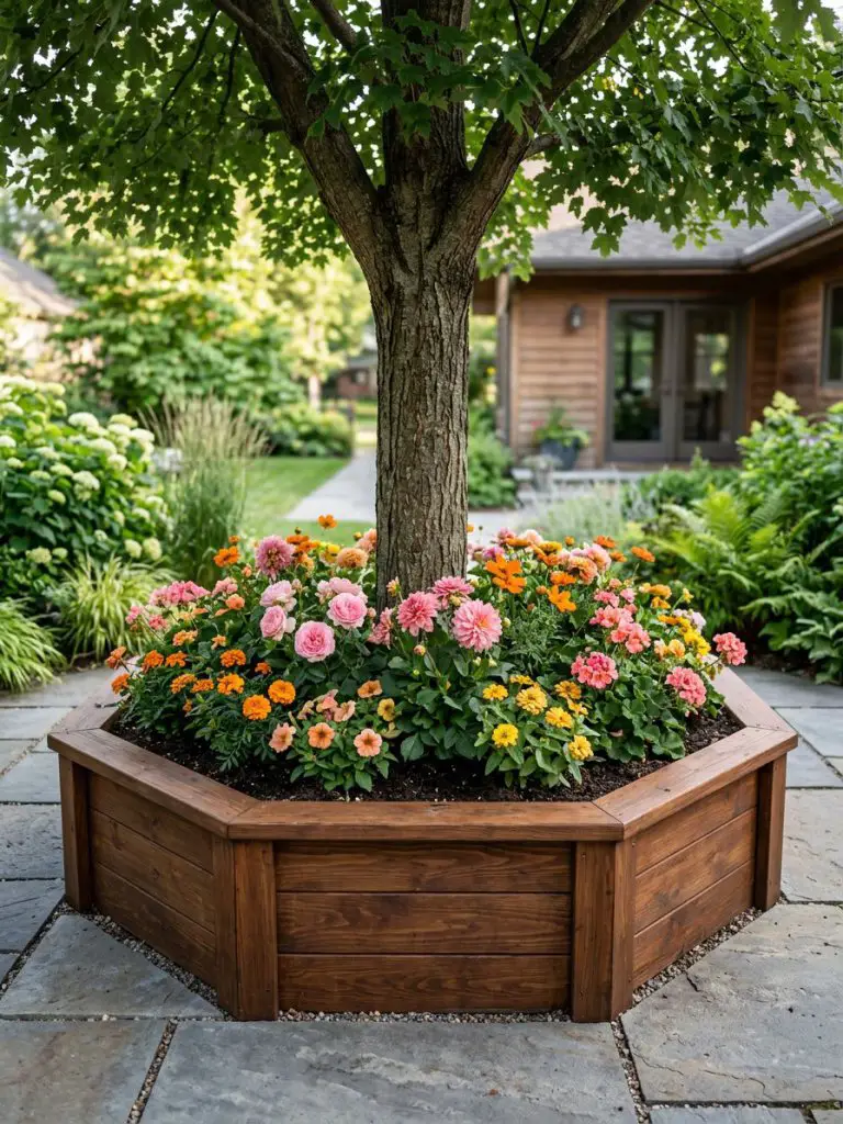 A structured backyard design featuring a raised wooden planter box built around a tree in a warm minimalist and modern rustic style.