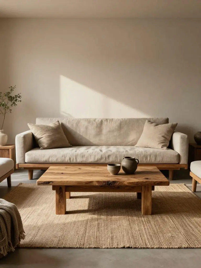 A warm minimalist living room designed with a strong focus on reclaimed wood elements and sustainable materials.