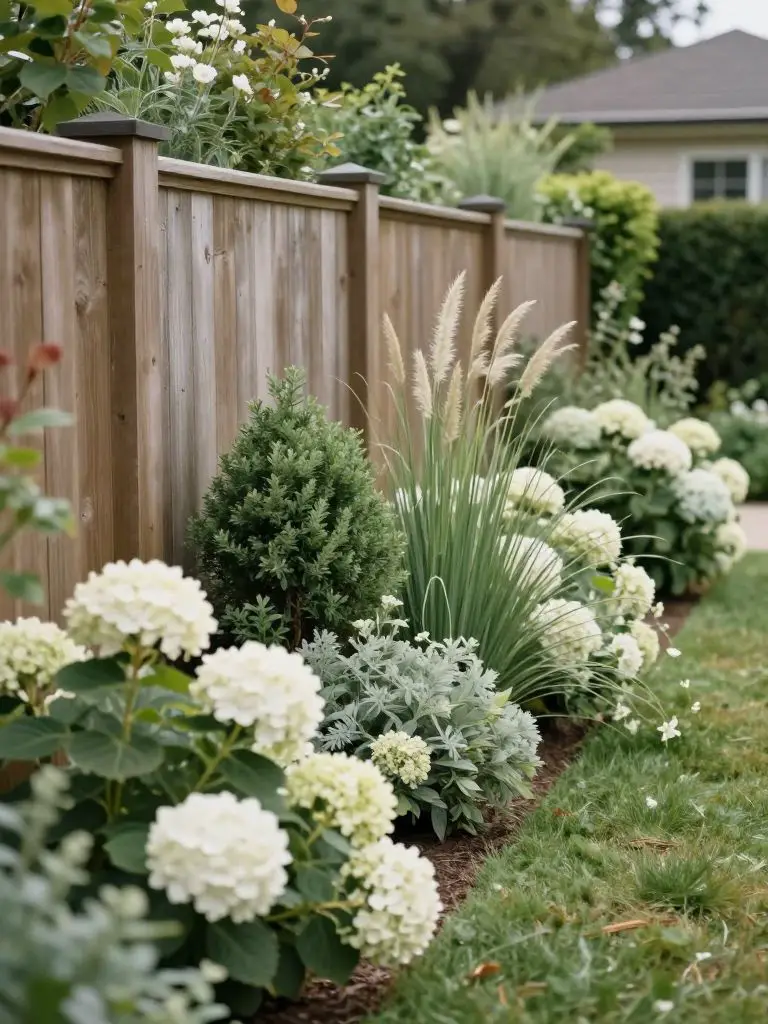 A romantic garden wedding-style backyard featuring a refined fence line with mixed textures and layered plantings.